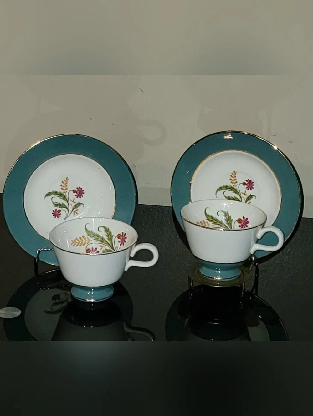 SET OF 2 HOMER LAUGHLIN EGGSHELL  White Floral Porcelain Teacups and Saucers Set